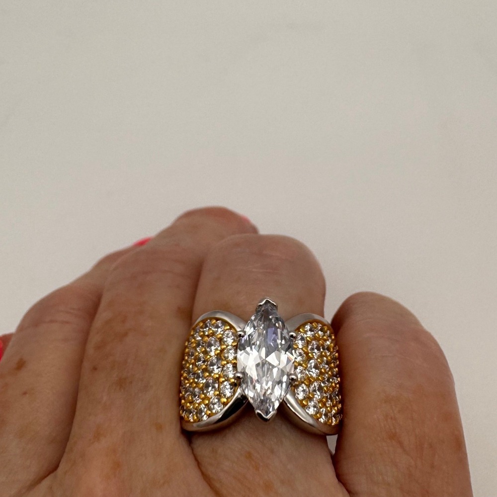 CZ Band Ring Sterling Silver Two Tone Marquise 3.0 Ct. Size 7 New